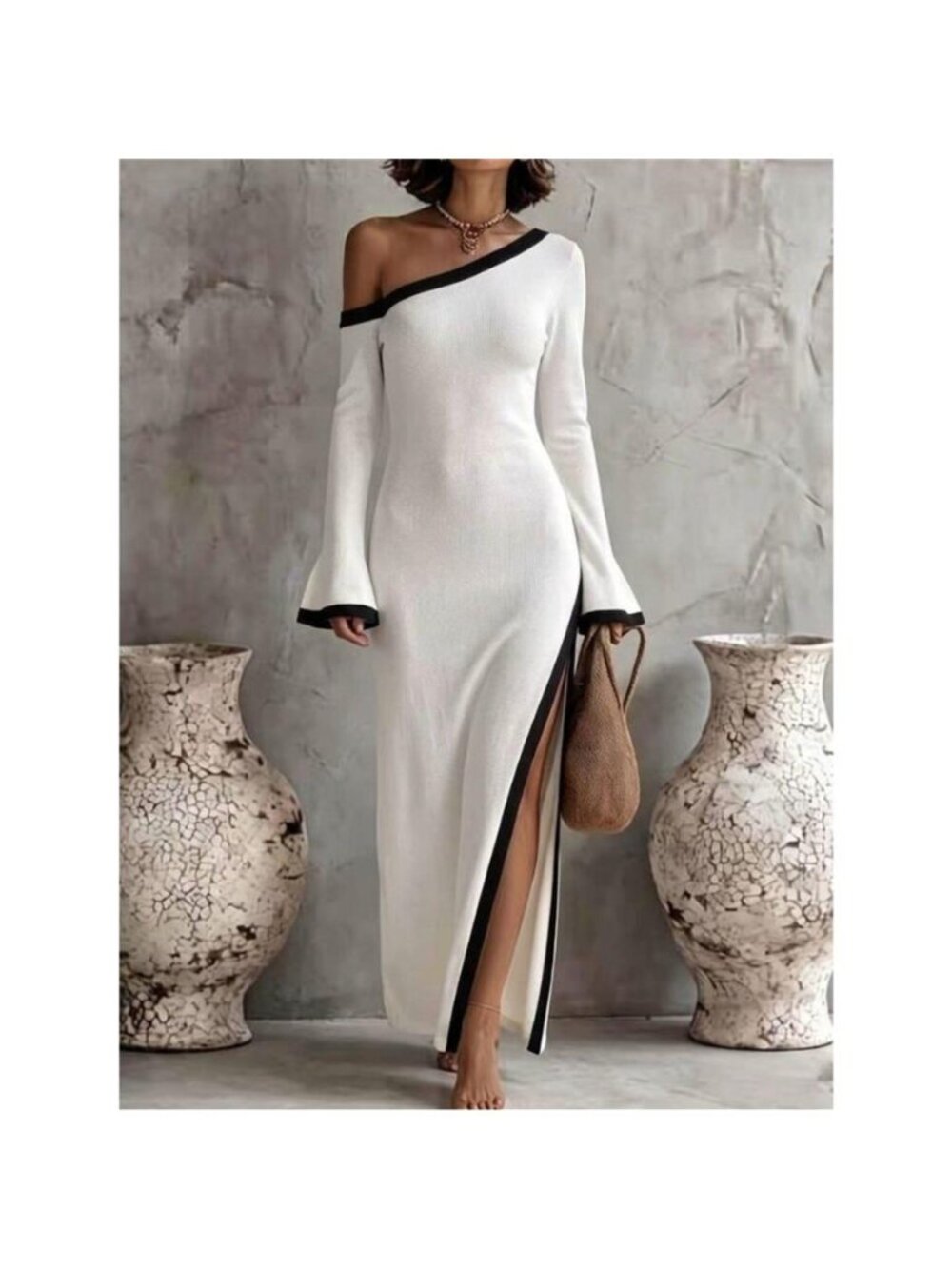 Slit One-Shoulder Contrast Trim Maxi Dress